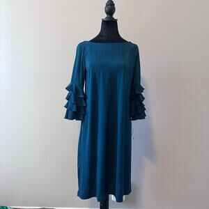 Gabby Styles Teal Tiered Ruffle Sleeve Shift Midi Dress Size 10